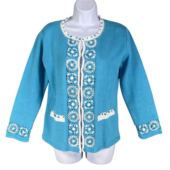 Storybook Knits NWT Women S Cardigan Crochet Turquoise Beaded Dainty Cottagecore - Picture 3 of 16